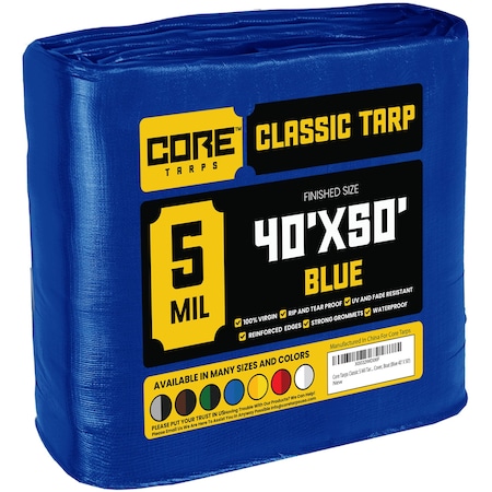 Heavy Duty Tarp, 50 ft L x 0.5 mm H x 40 ft W, 5 Mil, Blue, Polyethylene